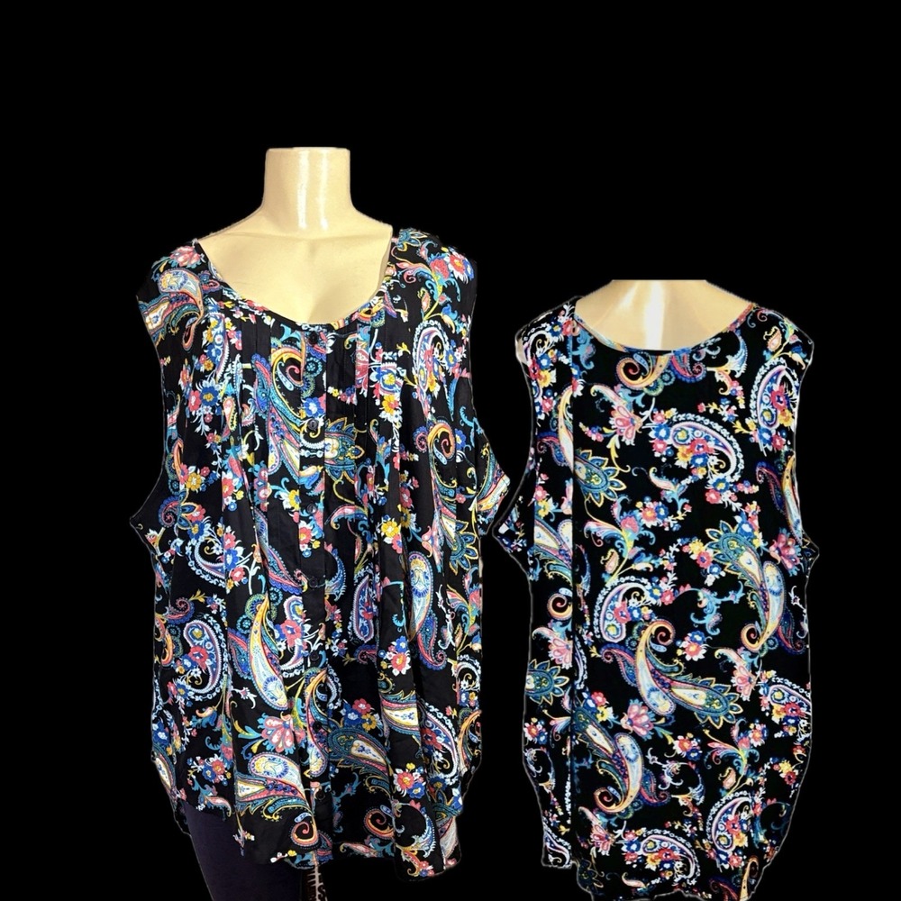 Chelsea Studio 34/36 4X Black Multi Paisley Button Front Rayon Sleeveless Blouse